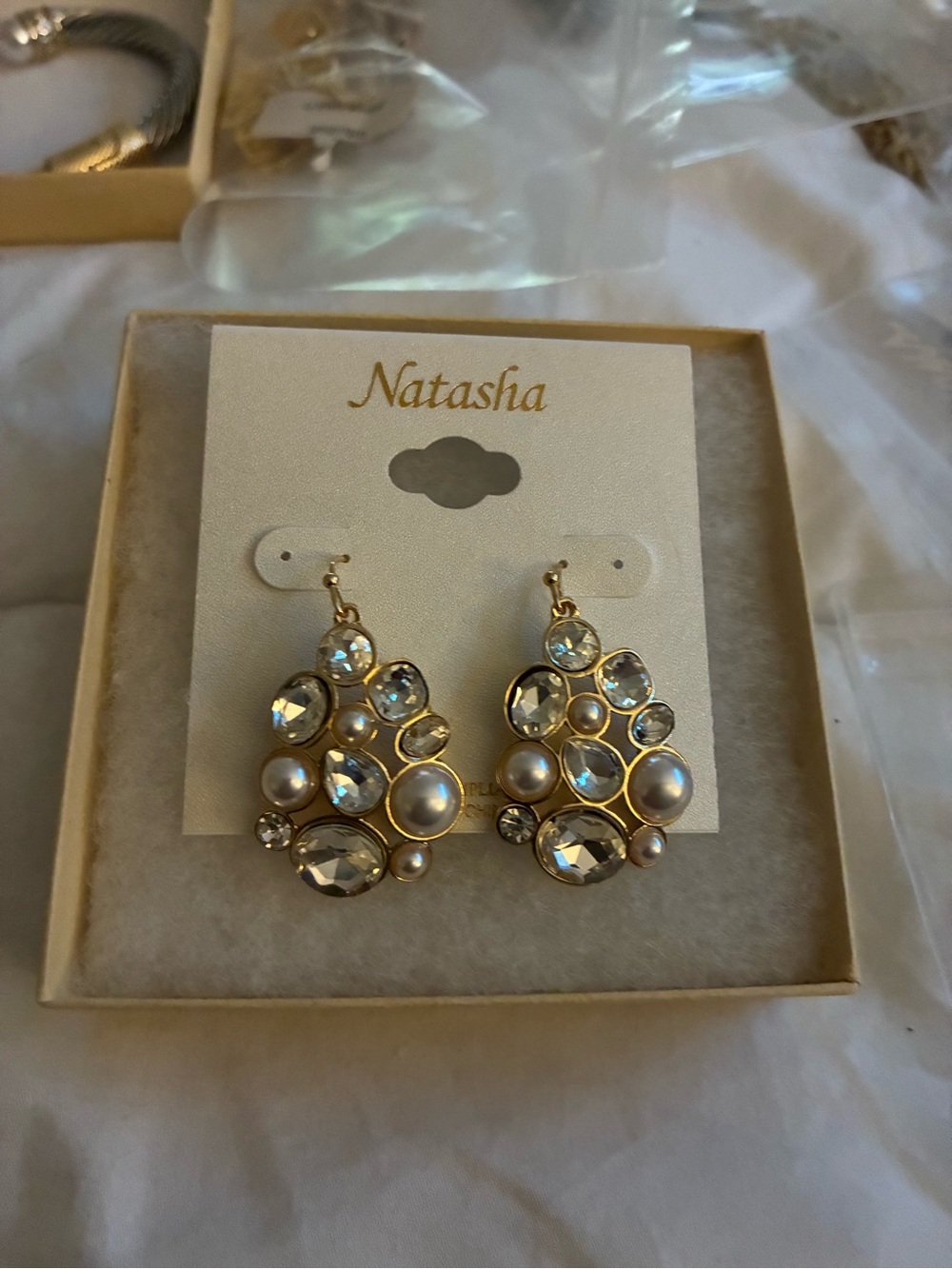 Natasha Couture Gold-Tone Crystal and Pearl Cluster Drop Earrings - Ivory